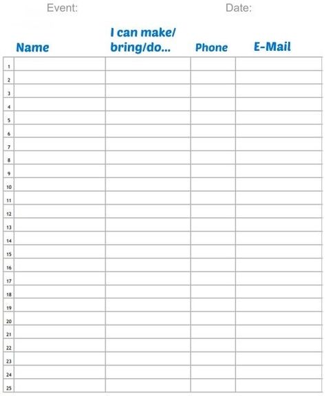 A printable sign up sheet template to help you gather details of volunteers for your next fundraising event. Bake Sale Sign Up Sheet Free Printable, Volunteer Sign Up Sheet Printable Free, Fundraiser Decorations, Bakesale Ideas, Bake Sale Sign, Sign Up Sheet Template, Ward Activities, Class Tree, Sign In Sheet Template