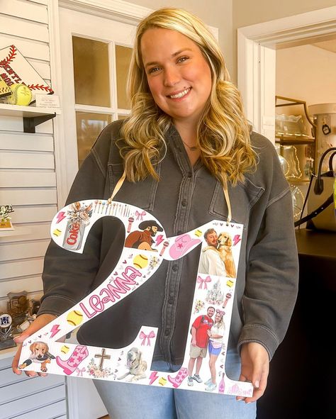 21st BIRTHDAY SIGNS! ☀️ Leanna turned 21 yesterday! Faith had a great idea to create her a sign! Here is our first, custom 21st birthday sign! It was so fun creating all the things that celebrated this sweet girl☀️ 21st Birthday Signs, 21st Birthday Sign, Turning 21, Birthday Signs, Birthday Sign, 21st Birthday, A Sign, Sweet Girls, The Things