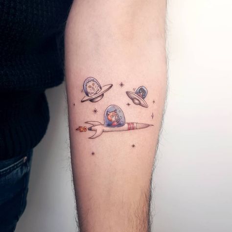 Rocket gang 🙀 . . . #spacetattoo #rockettattoo #cat #cattattoo #animal #animaltattoo #linework #linetattoo #blacktattoo #littletattoos… | Instagram Small Rocket Tattoo, Rocket Tattoo Design, Rocket Tattoo, Space Animals, Space Tattoo, Little Tattoos, Line Tattoos, Minimal Tattoo, Animal Tattoos