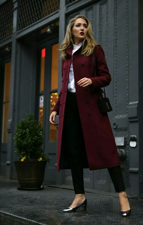 Barney's burgundy coat Maroon Coat Outfit, Burgundy Coat Outfit, Maroon Trench Coat, Coat Outfit Ideas, Maroon Coat, Burgundy Coat, Winter Coat Outfits, Burgundy Bag, Burgundy Outfit