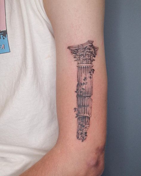 Greek Shin Tattoo, Greek And Roman Mythology Tattoos, Odyssey Tattoo Greek, Hades Bident Tattoo, Greek Colloseum Tattoo, Greek And Roman Tattoos, Greek Pilar Tattoo, Greek Flower Tattoo, Corinthian Column Tattoo