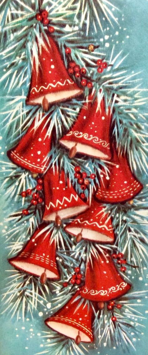 #retrochristmas Vintage Christmas Card. Christmas Bells. Christmas Imagery, Office Doors, Jingle Jangle, Vintage Decorations, Vintage Holiday Cards, Christmas Scrapbooking, Christmas Postcards, Christmas Illustrations, Christmas Artwork