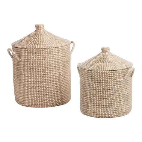 Adira White and Natural Seagrass Basket With Lid - World Market Minimalist Cottage, Painting Ikea Furniture, Chest Storage, Basket With Lid, Storage Trunk, Seagrass Basket, Basket Tote, Décor Boho, Home Modern