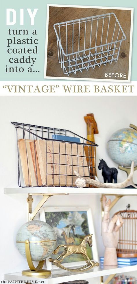 Aging plastic coated wire | The Painted Hive blog Basket Upcycle, Storage Furniture Design, Vintage Wire Baskets, Budget Friendly Diy, Diy Interior Decor, Decor Ikea, Plastic Coating, Diy Vinyl, Wire Basket