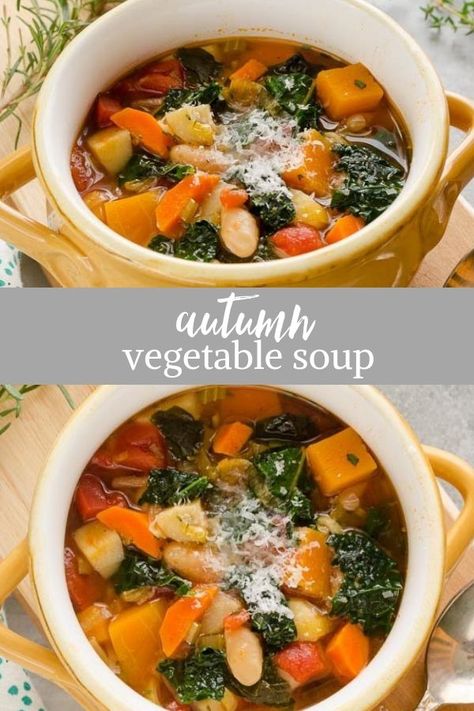 Autumn Vegetable Soup is an easy, healthy vegetarian soup recipe packed with butternut squash, kale and hearty white beans! #souprecipes #healthymeals #glutenfreemeals Autumn Vegetable Soup, Healthy Vegetarian Soup, Best Vegetable Soup Recipe, Healthy Soup Vegetarian, Soup Recipes Healthy Vegetarian, Butternut Squash Kale, Bean And Vegetable Soup, Healthy Butternut Squash, Soup Vegetable