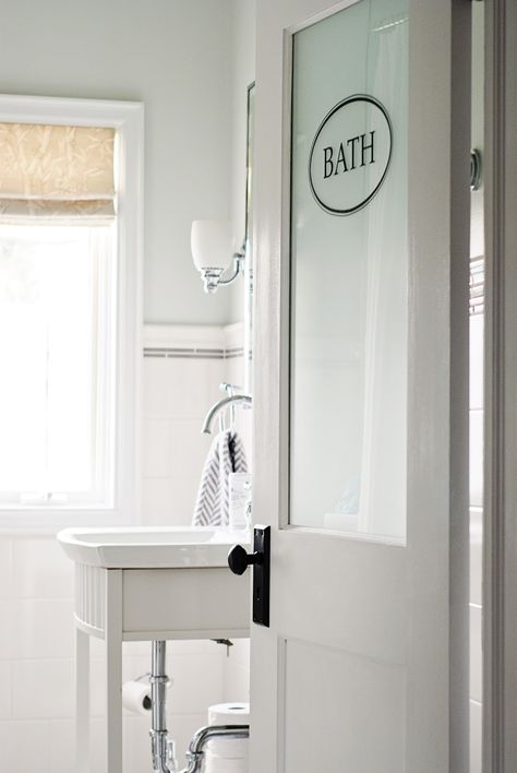 Rambling Renovators: White & Bright Frosted Bathroom Door, Bathroom Door Ideas, Glass Bathroom Door, Bathroom Restoration, Small Tub, Frosted Glass Door, Transitional Bathroom, Bathroom Door, Trendy Bathroom