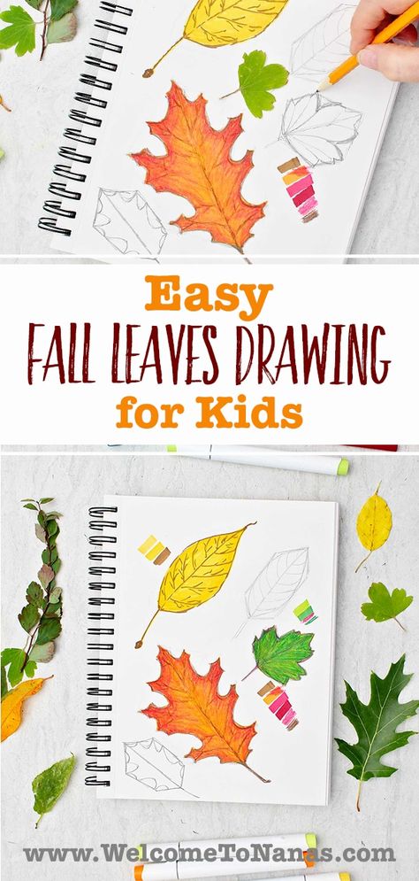 Fall Leaves Drawing Step By Step, Fall Pencil Drawings, How To Draw Fall Leaves, Autumn Drawing Pencil, Drawing With Colored Pencils Easy, How To Draw Leaves, Fall Leaves Drawing, Autumn Activity, Leaves Drawing