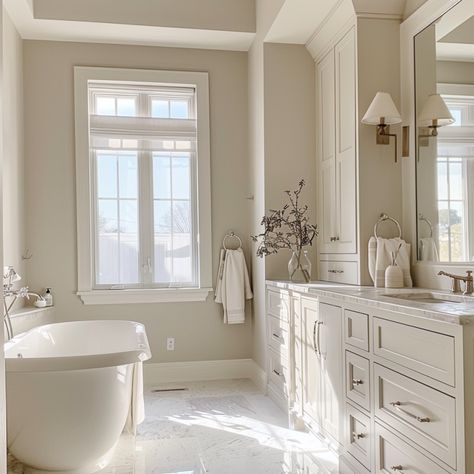 Swiss Coffee Paint Bathroom, Swiss Coffee Walls Revere Pewter Trim, Swiss Coffee And Edgecomb Gray, Swiss Coffee Bathroom, Swiss Coffee Walls With White Trim, Coffee Bathroom, Benjamin Moore Swiss Coffee, Swiss Coffee Paint, Perfect White Paint