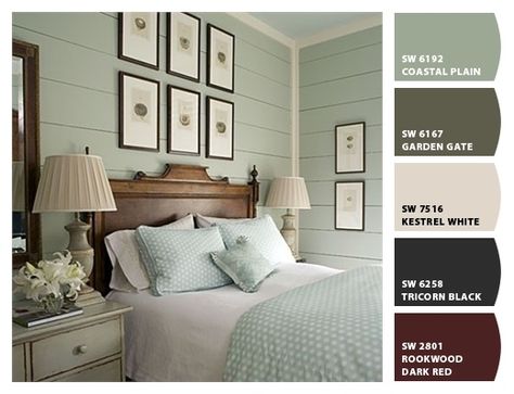 Sherwin Williams Coastal Plain - considering for kitchen. What else will tie in the green marble but work w beachy colors? Sherwin Williams Coastal Plain, Sherwin Williams Coastal, Interior Paint Colors Schemes, Coastal Plain, Cottage Bedroom, Coastal Bedrooms, Bedroom Green, Bedroom Paint, Spare Bedroom