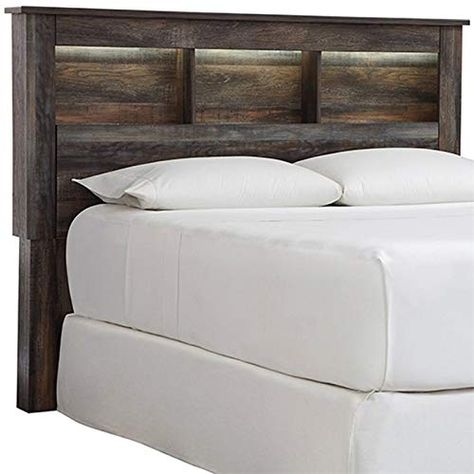 Ashley Furniture Drystan Full Queen Bookcase LED Headboard in Teal Furniture Bookcase, Bed Frame Hardware, Led Headboard, Rustic Bookcase, Headboard With Lights, Bookcase Headboard, Barn Board, Led Light Strip, Wood Headboard