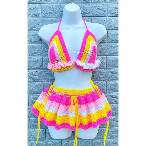 The ruffle mini skirt set is so unique it looks like a work of art, you will definitely be making a statement with this piece 💗🎀🌸 Send me a DM to place your order @trays_crochet #crochet #trays_crochet #ceochetaddict #crochetoutfit #crochetbikini #crochetersofinstagram #crochetinspiration #crocherdesigner Two Piece Mini Skirt Set, Crochet Swimwear Pattern, Crochet Hobby, Crochet Bralette Pattern, Crochet Two Piece, College Gameday Outfits, Crochet Lingerie, Bralette Pattern, Crochet Bathing Suits