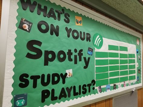 What's on your Spotify study playlist? college library bulletin board #bulletinboard Spotify Bulletin Board, Spotify Study Playlist, College Club Activities, College Clubs, Spotify Theme, Study Playlist, Resident Assistant Bulletin Boards, Board Engagement, Office Bulletin Boards