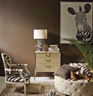 Cow Print Rug, Zebra Room, Fabric Covered Walls, Animal Print Decor, Zebra Wall, Painted Desk, Ballard Designs, Pattern Mixing, Dresser As Nightstand