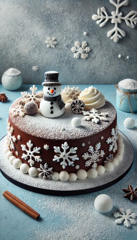 21 Chocolate Cake Decorating Ideas That Will Wow Your Guests 🎂🍫 Holiday Chocolate Cake, Fondant Snowflakes, Chocolate Cake Decorating Ideas, Halloween Cupcake Ideas, Winter Torte, Chocolate Cake Decorating, Christmas Themed Cake, White Fondant, Christmas Cake Designs