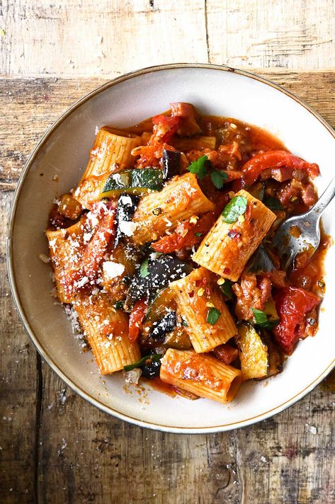 Eggplant Zucchini Rigatoni with Bacon Zucchini Rigatoni, Serving Dumplings, Eggplant Zucchini, Breakfast Soup, Tomato Pasta Sauce, Bacon Pasta, Best Pasta Recipes, Bacon Tomato, Mediterranean Food