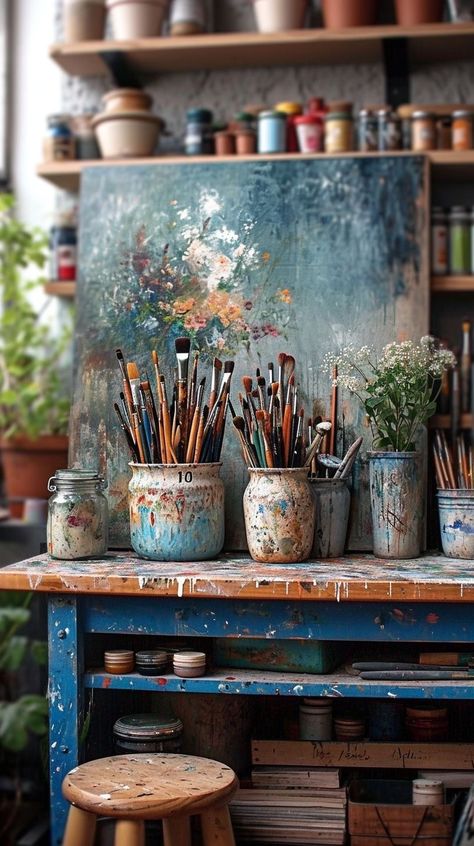 Outdoor Painting Studio, Creative Life Aesthetic, Painting Studio At Home, Home Paint Studio, Home Art Studio Aesthetic, Vision Board Interior Design, Artist Life Aesthetic, Cozy Art Studio, Artsy Home Decor