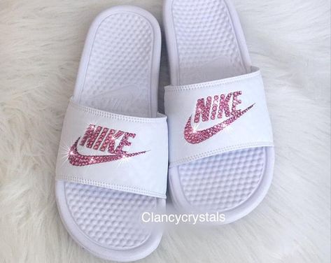 Etsy :: Your place to buy and sell all things handmade Pink Sparkly Shoes, Nike Benassi Slides, Shoe Goals, Nike Flip Flops, Nike Slippers, Nike Sandals, Nike Benassi, Special Occasion Shoes, Nike Slides