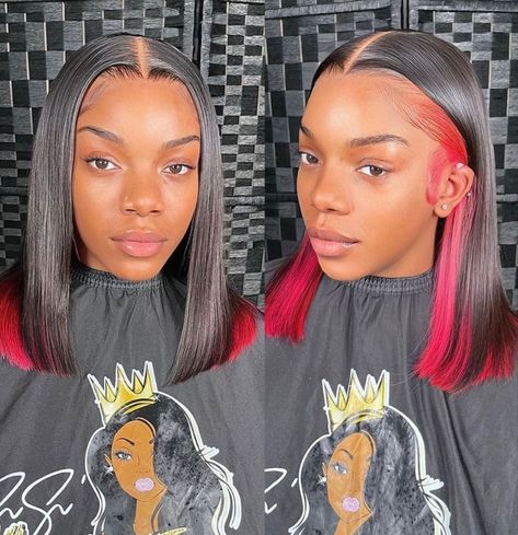 pin: @mayizaaa_ Peekaboo Wig, Hair Color Bob, Colored Bob Wig, Red Peekaboo, Colored Bob, Straight Hair Highlights, Hidden Hair Color, Lace Closure Bob, Colored Bobs