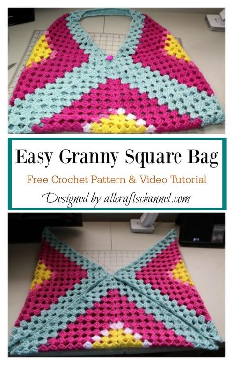 Easy Tote Bag Made with Squares Free Crochet Pattern Granny Square Grocery Bag, C2c Crochet Bag Pattern, Easy Granny Square Bag Free Pattern, Crochet Granny Square Market Bag, Giant Granny Square Bag, Easy Crochet Granny Square Bag, Granny Square Market Bag Free Pattern, Crochet Totes And Bags Patterns, Crochet Granny Square Purse Pattern Free