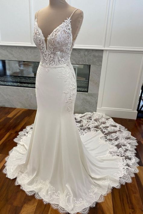 Wedding Dress Silk Bottom Lace Top, Lace Top Simple Bottom Wedding Dress, Half Lace Half Satin Wedding Dress, Wedding Dress Slim Fit Long Train, Fit And Flare Crepe Wedding Dress, Fit And Flat Wedding Dress, Lace Crepe Wedding Dress, Wedding Dresses Lace Fitted, Satin With Lace Wedding Dress