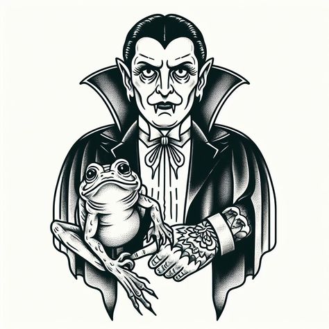 american traditional tattoo of dracula and a frog holding hands, blank white background, outline only, 4K image quality Old School Vampire Tattoo, American Traditional Bride Of Frankenstein Tattoo, Frankenstein Traditional Tattoo, Traditional Dracula Tattoo, Vampire Traditional Tattoo, American Traditional Horror Tattoo, Traditional Vampire Tattoo, Dracula Drawing, Vampire Tattoos