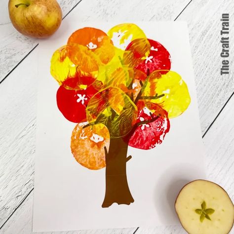 Apple Stamping Tree - The Craft Train Apple Reggio Emilia, Preschool Activities Apples, Autumn Theme Activities For Toddlers, Apple Prints Craft, Johnny Appleseed Art Projects For Kids, Apple Festival Decorations, Apple Orchard Crafts Preschool, Autumn Art Activities For Toddlers, Preschool Art Projects Fall