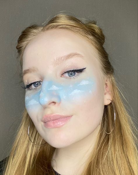 Sky Face Paint, Makeup Soft Girl, Makeup Ideas Blue, Cloud Makeup, Sky Makeup, Makeup Crazy, Soft Girl Makeup, Tiktok Makeup, Nose Makeup