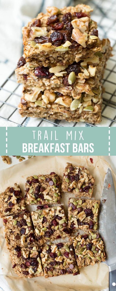 Trail Mix Breakfast Bars are made with a banana-walnut layer mixed together with your favorite trail mix ingredients including chocolate chips, dried fruit, seeds and walnuts! The bars are naturally gluten free and perfect for kids and adults. @cawalnuts Trail Mix Ingredients, Trail Mix Recipes, Healthy Afternoon Snacks, Granola Breakfast, Banana Walnut, Super Foods, Fruit Seeds, Breakfast Bars, Delicious Breakfast Recipes