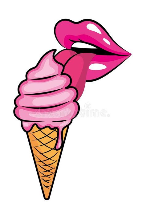 Pop Art Mouth, Mouth Eating, Art Mouth, Pink Lips Art, Art Ice Cream, Ice Cream Painting, Ice Cream Cartoon, Ice Cream Logo, Ice Cream Illustration