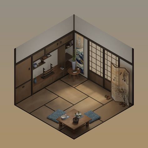 Isometric Japanese Room, Japanese House Interior, Isometric Room, Japanese Style House, 3d Room, Japanese Room, Japanese Interior Design, Isometric Art, Isometric Design