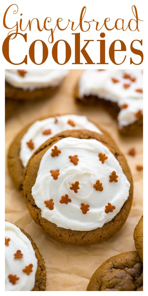 Frosted Gingerbread Cookies - Baker by Nature Gingerbread Drop Cookies, Gingerbread Cookies Without Molasses, Icing For Gingerbread Cookies, Gingerbread Frosting, Cookie Frosting Recipe, Frosted Gingerbread, Cookies With Cream Cheese Frosting, Easy Gingerbread Cookies, Soft Ginger Cookies