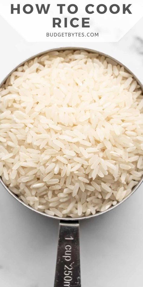 A simple step by step guide on how to cook rice on the stove top, with tips, tricks, and answers to all of your rice questions. BudgetBytes.com Rice On The Stove Top, Long Grain Brown Rice, Rice On The Stove, Cook Rice, Budget Bytes, Biscuit Rolls, Cup Of Rice, Rice Ingredients, Long Grain Rice