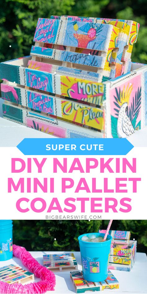 Napkin Coasters Diy, Dollar Tree Mod Podge Crafts, Painting Pallets Ideas For Outside, Wooden Coasters Diy Ideas, Dollar Tree Coasters Diy, Pallet Coasters Diy, Dollar Tree Summer Crafts, Dollar Tree Pallet Coasters, Dollar Tree Mini Pallet Crafts Diy