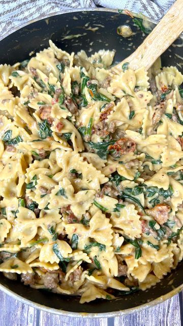 Creamy Sausage Bowtie Pasta, Creamy Bow Tie Pasta With Sausage, Whats Mom Cooking, Italian Sausage Bowtie Pasta Recipes, Creamy Bowtie Pasta Recipes, Italian Sausage Bowtie Pasta, Spinach Bowtie Pasta, Sausage Bowtie Pasta, Bowtie Pasta Recipes