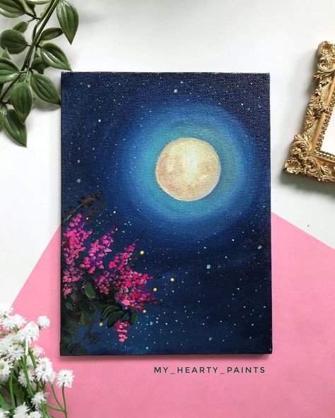 Anju | gouache,acrylics on Instagram: “Let’s talk to the moon✨💜🌝 DM to buy @flashpaints_official acrylics on @anupam canvas board @persephonay @drawing_pigments…” Drawing With Painting Colours, Canvas Painting Ideas Moon, Moon Canvas, Cool Colours Painting, How To Draw Moon, Moon Painting Aesthetic, Moon Acrylic Painting, Moon Canvas Painting, Moon Painting Acrylic