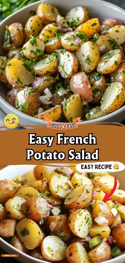 This French Potato Salad is light and tangy, with a Dijon mustard vinaigrette and fresh herbs. A sophisticated side dish that's perfect for picnics or as an accompaniment to grilled meats. #PotatoSalad #FrenchCuisine #PicnicPerfect French Style Potato Salad, French Potato Salad Recipe, Potato Salad With Dijon Mustard, Vinaigrette Potato Salad, Mustard Potato Salad Recipe, Potato Salad With Mustard, French Salad Recipes, Quick Dinner Sides, Mustard Potato Salad