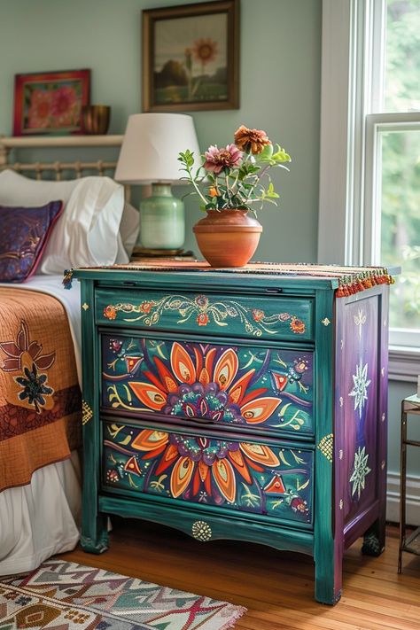 Boho Bedroom Storage, Bedroom Storage Ideas, Storage Chests, Boho Bedroom Colorful, Whimsical Furniture, Boho Bedroom Ideas, Creation Station, Colorful Mandala, Rustic Floating Shelves