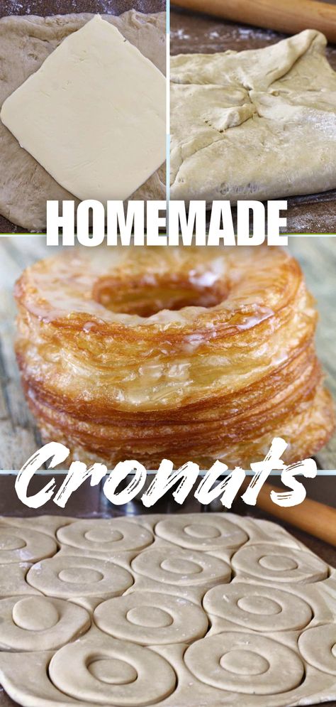 A collage image showing a homemade cronut and parts of the process to make them. Croissant Donut Recipe, Cronut Recipe, French Donuts, Recipe Development, Homemade Croissants, Dominique Ansel, French Baking, Yummy Cheesecake, Homemade Doughnuts