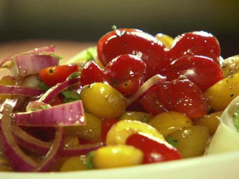 Quick-Marinated Cherry Tomato Salad Recipe | Ree Drummond | Food Network Tomato Salad Dressing, Ree Drummond Recipes, Tomato Salad Recipe, Cherry Tomato Salad, Marinated Tomatoes, Tomato Salad Recipes, Red Onion Salad, Seafood Salad, Ree Drummond