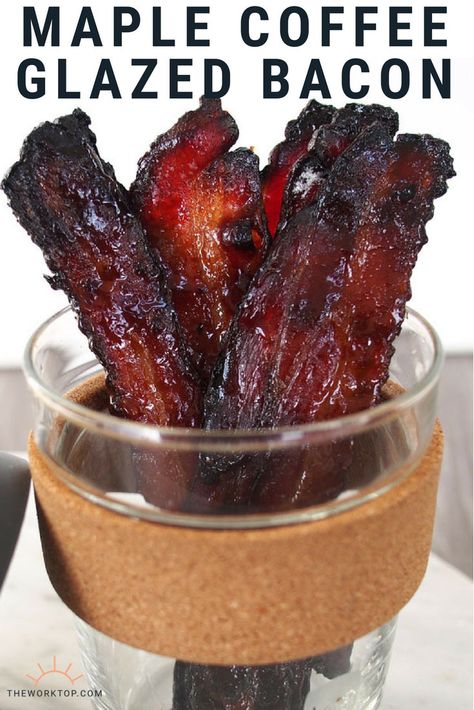 This maple syrup and coffee glazed bacon is a breakfast recipe everyone will love! Each strip is crispy and flavorful. Cooked in the oven and great for a party. Recipe on www.theworktop.com. || #bacon #coffee #breakfast #brunch #recipe #maplesyrup Brunch Recipes With Bacon, Gluten Free Coffee, Brunch Bar, Healthy Cheesecake, Fall Brunch, Easy Brunch Recipes, Brunch Recipe, Candied Bacon, Easy Brunch