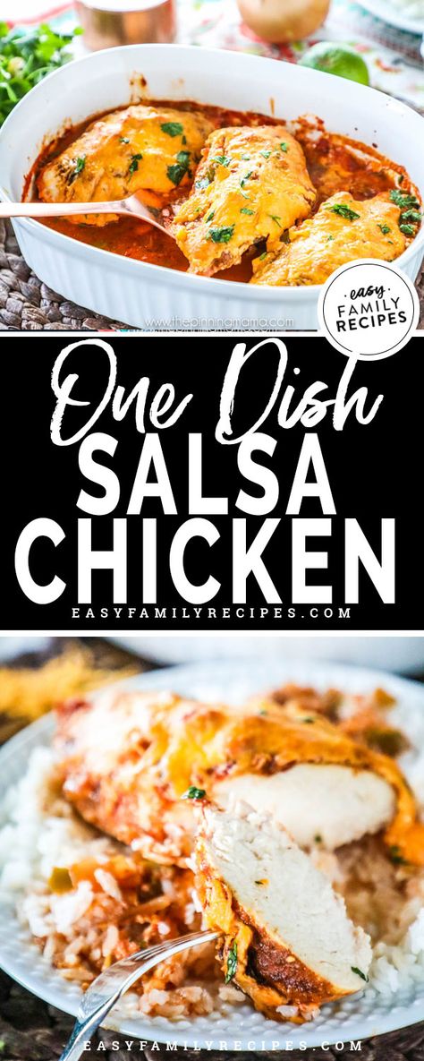 BEST EASY DINNER EVER! This oven baked Salsa Chicken is our go-to meal for busy week nights! You can literally have it in the oven in less than 5 minutes. With only 4 ingredients it is made with the best mexican flavors and super kid friendly! Make it mild or spicy, it is up to you! As a bonus, this recipe is gluten free and optionally dairy free! Baked Chicken Recipes Mexican, Easy Baked Salsa Chicken, Oven Baked Salsa Chicken, Healthy Oven Meals For Family, Easy Baked Chicken Recipes 4 Ingredients, Mexican Chicken Bake Recipes, Salsa Chicken Oven, Baked Mexican Chicken Recipes, Chicken Salsa Bake