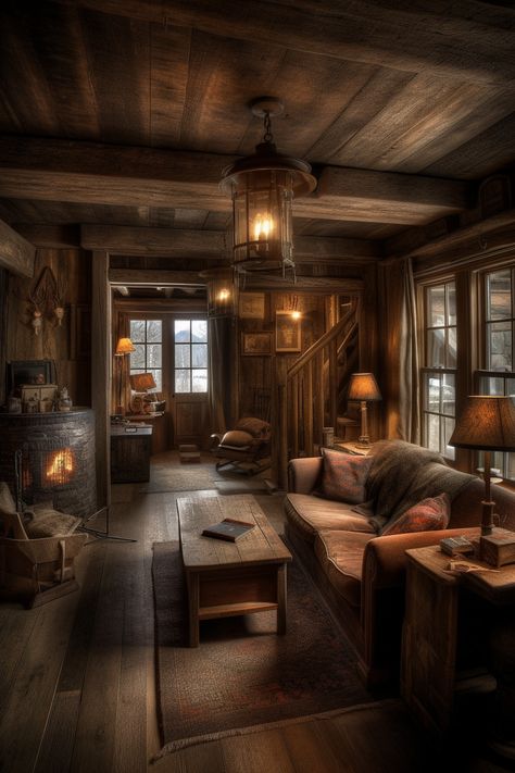 Aesthetic Rustic House, Inside Cabin Art, Old Cottage Interior Living Room, Log Cabin Houses Interior, Log Cabin Room Ideas, Aesthetic Cabin Interiors, Wooden Cabin Interior Design, Old Rustic Cabin, Small Wooden Cabin Interiors