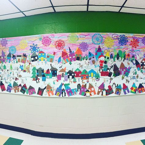 Winter Landscape Elementary Art, Group Christmas Art Project, Christmas Group Art Projects For Kids, Collaborative Winter Art Projects, Collaborative Mural Elementary, Winter Murals Art Projects, Collaborative Winter Art For Kids, Collaborative Art Ideas, Winter Collaborative Art Projects