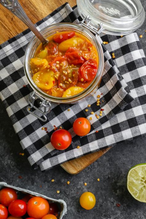 Easy unique jam made with cherry tomatoes and simple ingredients that achieve the perfect balance of sweet and spicy. Perfect as the topping for any meal! #floraandvino #VeganHealthyLifestyle #Sweet&SpicyTomatoJam Cherry Tomato Jam Recipe, Cherry Tomato Jam, Spicy Tomato Jam, Almond Butter Sauce, Tomato Jam Recipe, Spicy Almonds, Oil Free Vegan Recipes, Avocado Spread, Potato Noodles