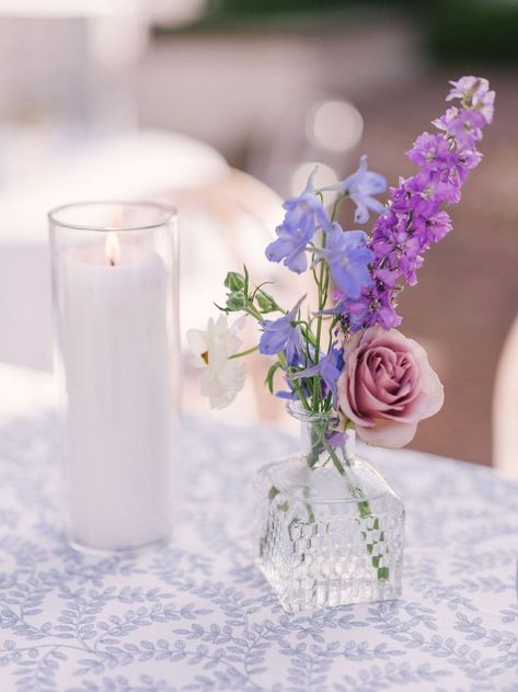 Floral Bridal Shower Theme, Bud Vases Wedding, Blue Purple Wedding, Purple Wedding Centerpieces, Bud Vases Flowers, Lavender Wedding Flowers, Purple Bridal Shower, Small Purple Flowers, Blue Centerpieces