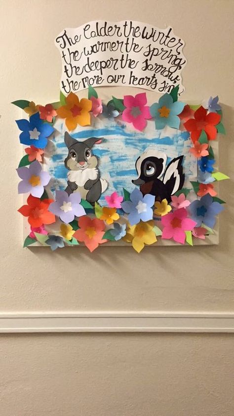 Bambi Classroom Theme, Infant Room Bulletin Boards, Easter Classroom Door, Disney Bulletin Boards, Spring Classroom Door, Seasonal Bulletin Boards, Music Bulletin Boards, Easter Classroom, Hall Decorations