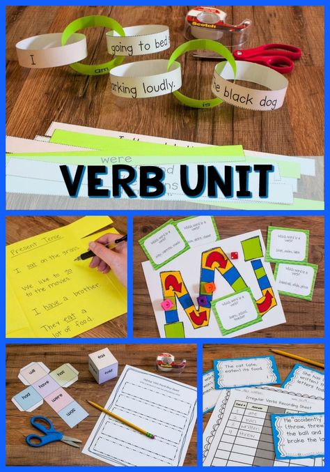 This outstanding Verb Unit includes everything you need to successfully reach all your students when teaching verbs!  It includes several hands-on activities, graphic organizers, task cards, and helpful worksheets.  Your students will love this unit! Helping Verbs Activities, Ell Activities, Teaching Verbs, Verbs Activities, Common Core Language, Linking Verbs, Helping Verbs, Verb Worksheets, 2nd Grade Ela