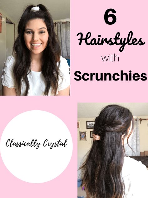 6 Hairstyles with Scrunchies - Classically Crystal Beauty Hairstyles For Long Hair Everyday, Hair For Work Easy, Hairstyles With Scrunchies, Hairstyles Lazy, Hair Scarf Scrunchie, Cute Everyday Hairstyles, Hair Everyday, Everyday Hairstyle, Hair Pattern