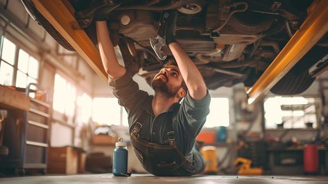 Mechanic at Work: A skilled mechanic is concentrating on repairing the underside of a car in a well-equipped garage. #mechanic #garage #car #repair #work #automobile #service #maintenance #aiart #aiphoto #stockcake https://ayr.app/l/zUj1 Mechanic Photoshoot, Mechanics Photography, Female Mechanic, Woman Mechanic, Garage Car, Mechanic Garage, Work Images, Car Repair, Car Ins