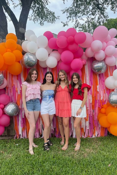 grad party inspo | high school graduation | party inspo | photo backdrop | disco party The Future Is Bright Graduation Party, Photo Drop Backgrounds, Graduation Disco Party, Pink Orange Gold Graduation Party, Graduation Party Ideas Disco, Disco Themed Grad Party, Graduation Dance Themes, Last Disco Graduation Party, Disco Graduation Party Ideas